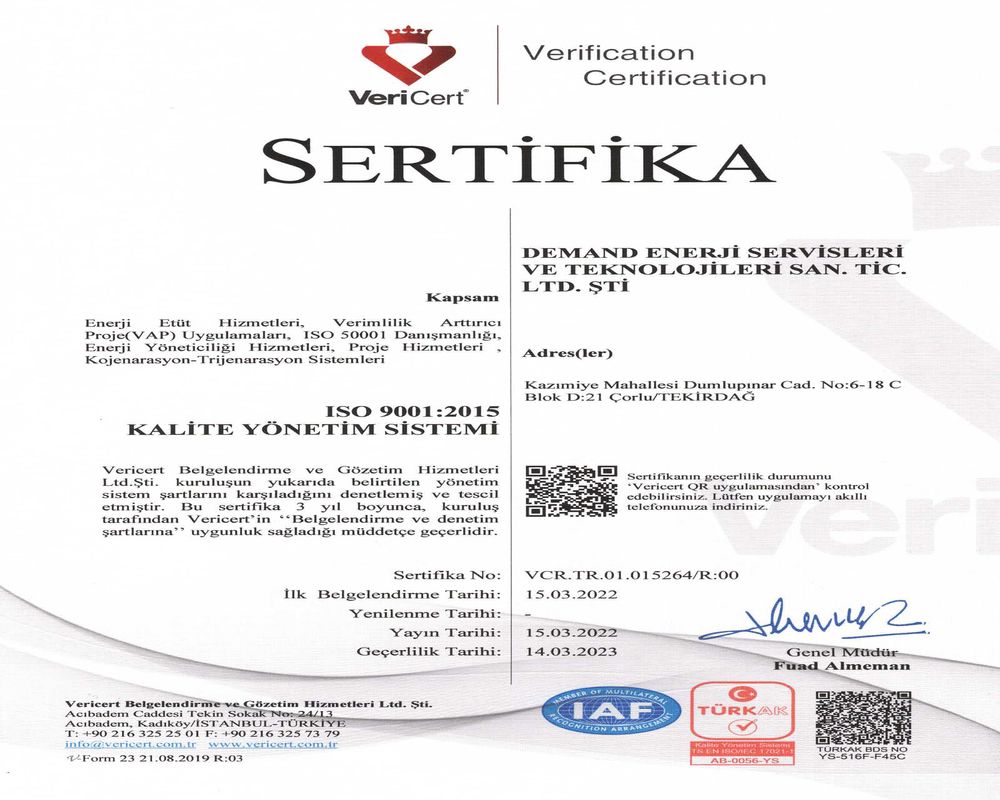 ISO 9001:2015 Kalite Ynetim Sistemi Sertifikas