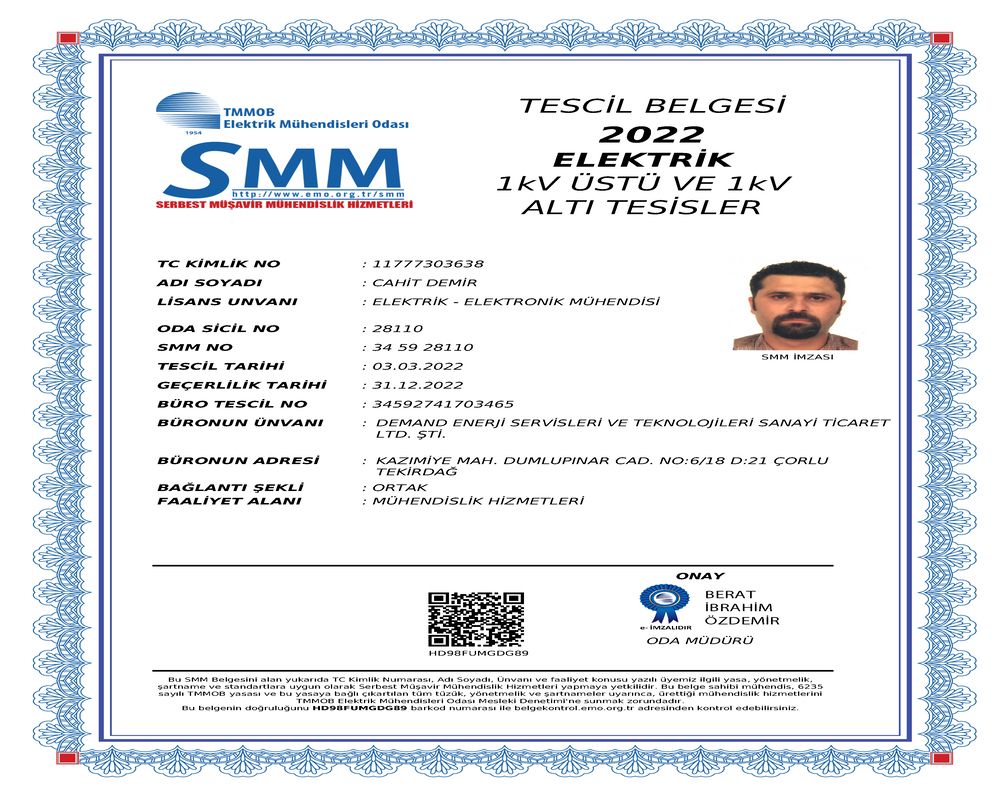 1 kV st ve 1 kV Alt Tesisler Elektrik SMM Belgesi